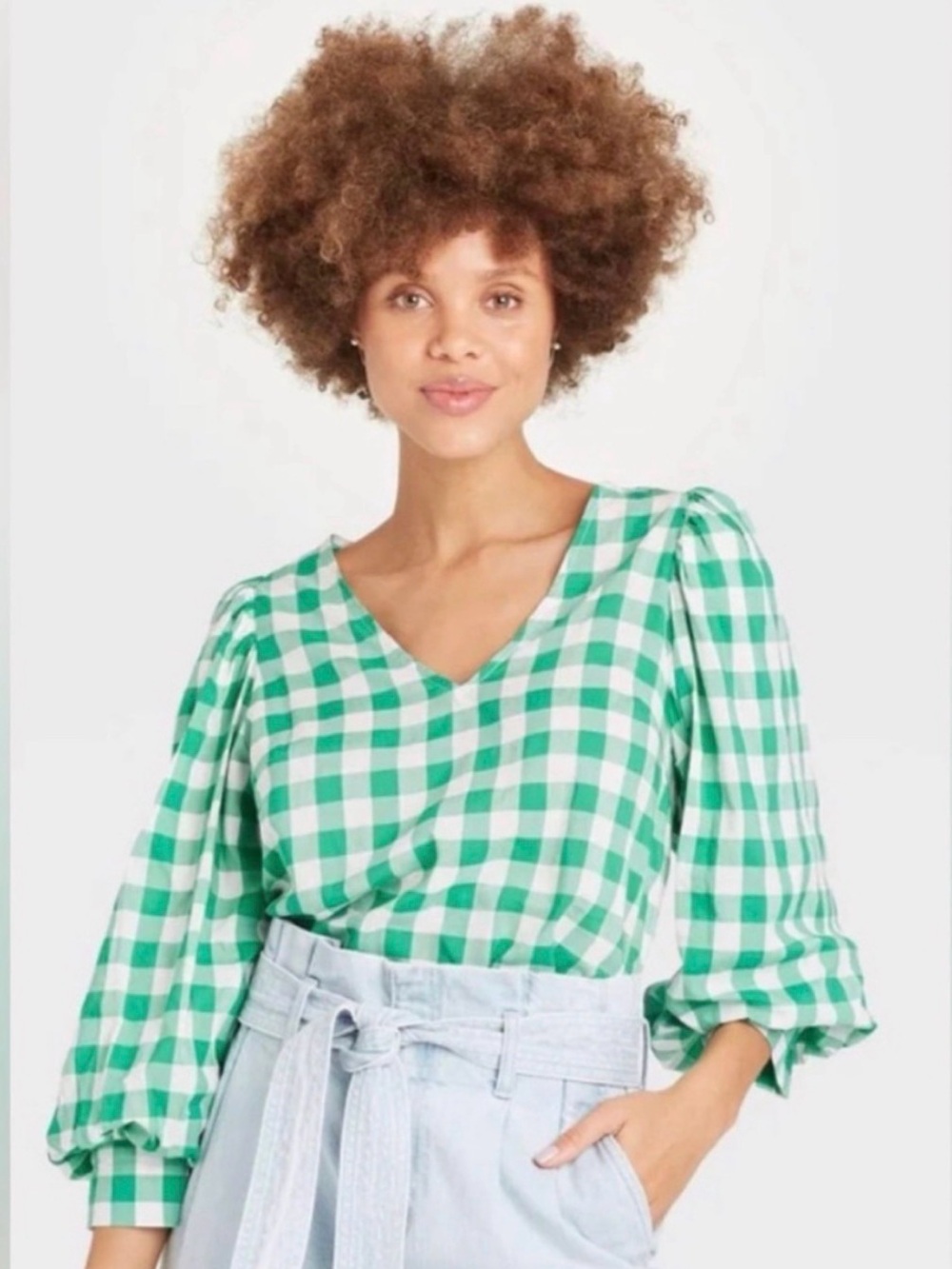 A New Day Green Gingham V-Neck Puff Sleeve Blouse Top Sz M